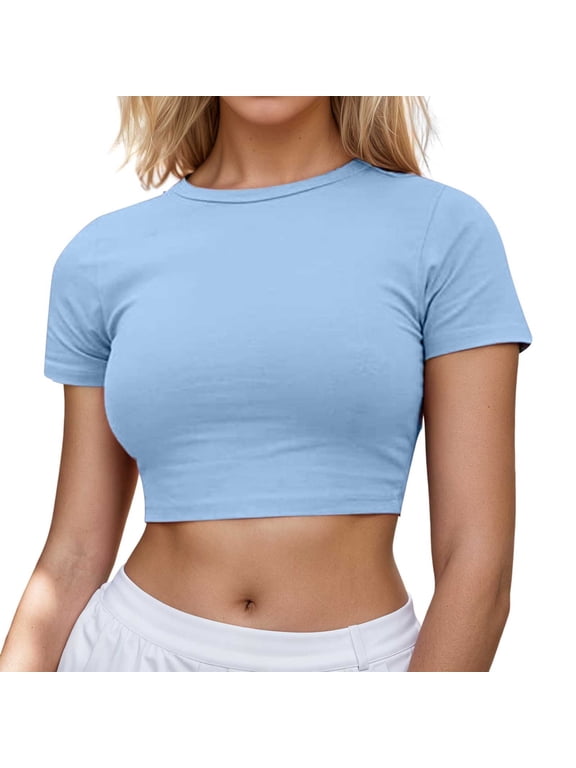 Womens Short Sleeve Tops Women's Casual Short Sleeve Crop T Shirt Round Neck Basic Solid Top for Spring Summer Everyday Wear T Shirts for Women Light Blue XS