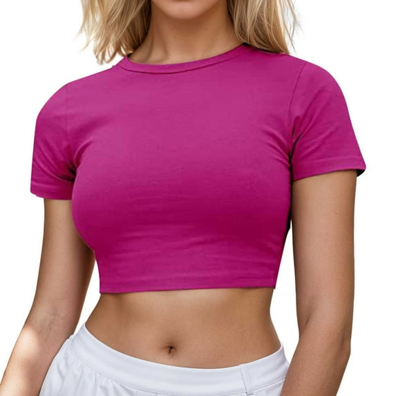 Ediodpoh Women's Casual Short Sleeve Crop T Shirt Round Neck Basic Solid Top for Spring Summer Everyday Wear Womens T Shirts Purple XXL