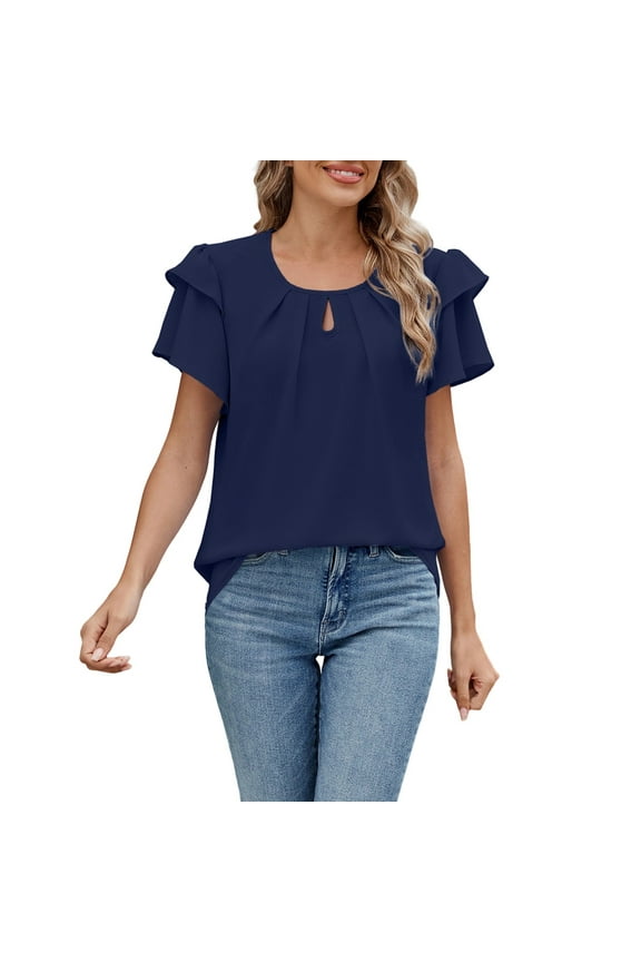 Fgnfyis Womens Tops Women's Casual Solid Color Crew Neck Design Double Layer Short Sleeve T Shirt Top T Shirts for Women Navy XL