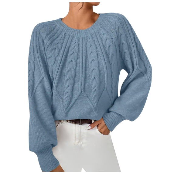 Ediodpoh Women's Casual Solid Color Crew Neck Threaded Pullover Sweater Womens Sweaters Blue S