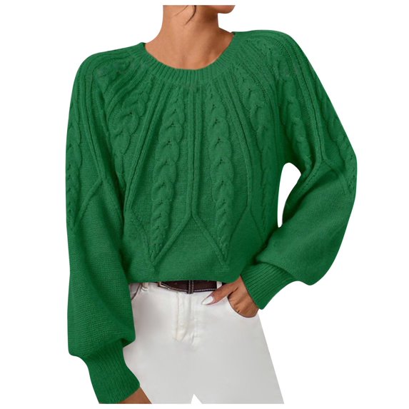 Ediodpoh Women's Casual Solid Color Crew Neck Threaded Pullover Sweater Womens Sweaters Green L