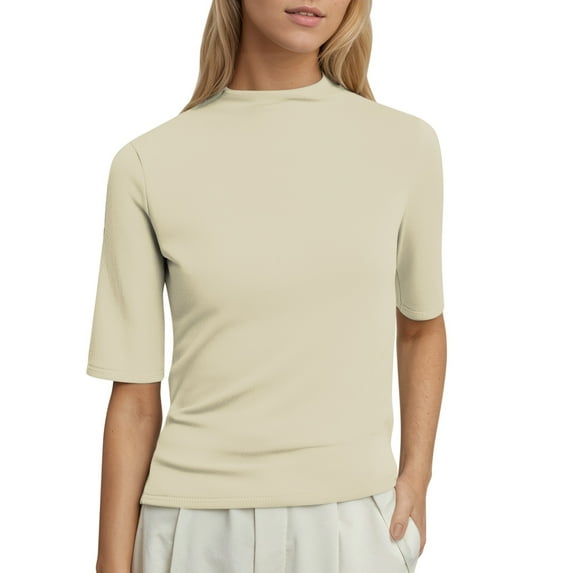 Ediodpoh Women's Casual Solid Color Half Turtleneck Short Sleeve T Shirt Top T Shirts for Women Beige L