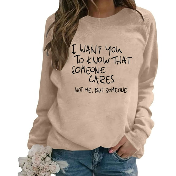 Ediodpoh Women's Casual Solid Color Loose Fit Long Sleeve Letter Print Round Neck Pullover Hoodies for Women Khaki S