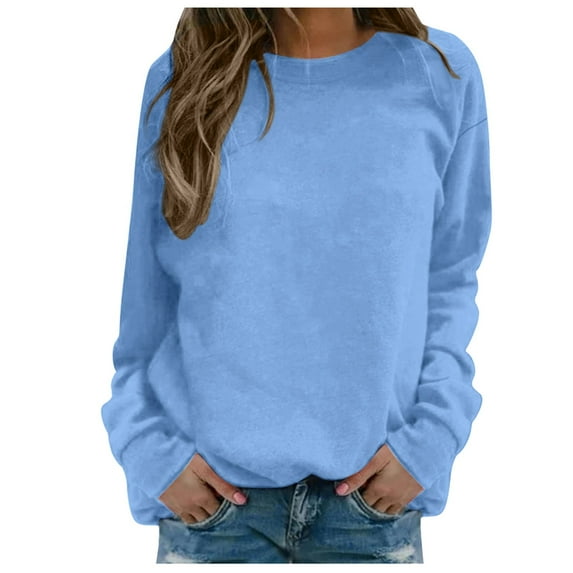 Ediodpoh Women's Casual Solid Color Print Round Neck Long Sleeve Twill Pullover Sweatshirts for Women Hoodless Top Light Blue M