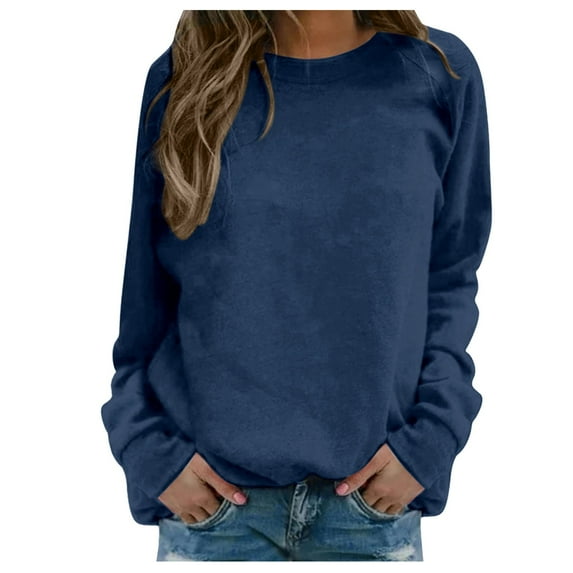 Ediodpoh Women's Casual Solid Color Print Round Neck Raglan Long Sleeve Twill Pullover Sweatshirts for Women Hoodless Top Navy S