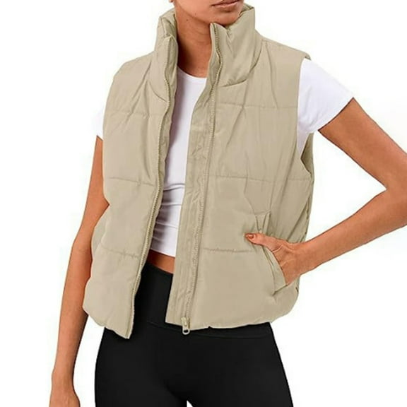 Ediodpoh Women's Casual Warm Solid Color Pocket Jacket Jacket Vest Padded Waistcoat Vest for Women Beige S