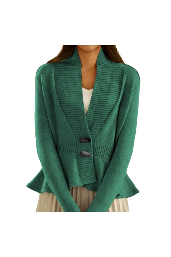 Ediodpoh Women’s Comfortable Autumn Winter Solid Color Retro Knitted Cardigan for Women V Neck Ruffle Hem Sweater Coat Green S