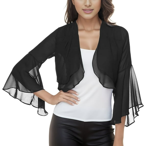Ediodpoh Women's Comfortable Sweetheart Top Ruffle Flare Sleeve Solid Chiffon Small Shawl Cardigan for Women Black XXL