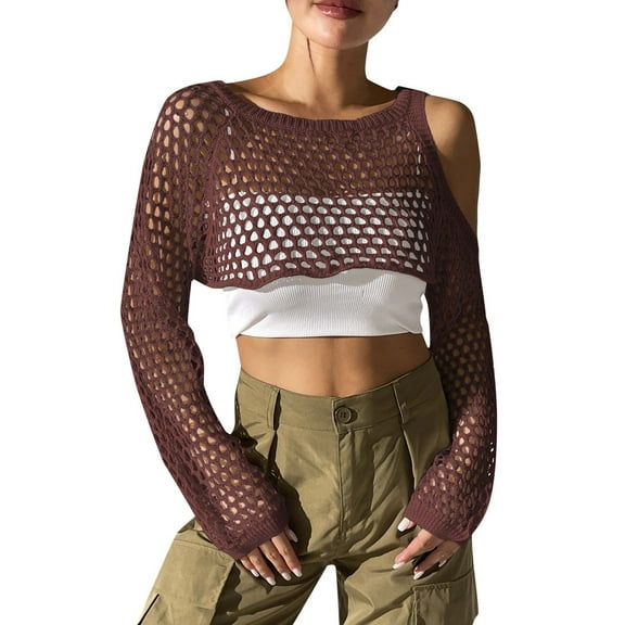 Ediodpoh Women's Crop Top Ribbed Knit Cardigan with Cutout Detail Knit Tops for Women for Casual and Fashion Outerwear Coffee