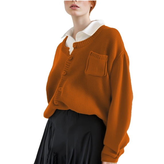 Ediodpoh Women’s Drop Shoulder Long Sleeve Cardigan Sweaters for Women Button up Pocket Front Lightweight Knit Tops Orange XXL