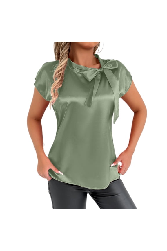 Women's Elegant Bow Neck Satin T Shirt Casual Vacation Blouse Summer Spring Top Tee with Ribbon Collar Womens Tops Casual Light Green XL