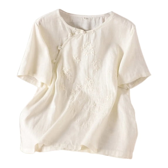 Fgnfyis T Shirts for Women Women's Embroidery Loose Large Size Placket Buttoned Literary Blend Top Womens Short Sleeve Tops Beige_005 XXL