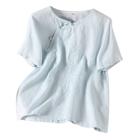Fgnfyis T Shirts for Women Women's Embroidery Loose Large Size Placket Buttoned Literary Blend Top Womens Short Sleeve Tops Blue_005 XXXXL