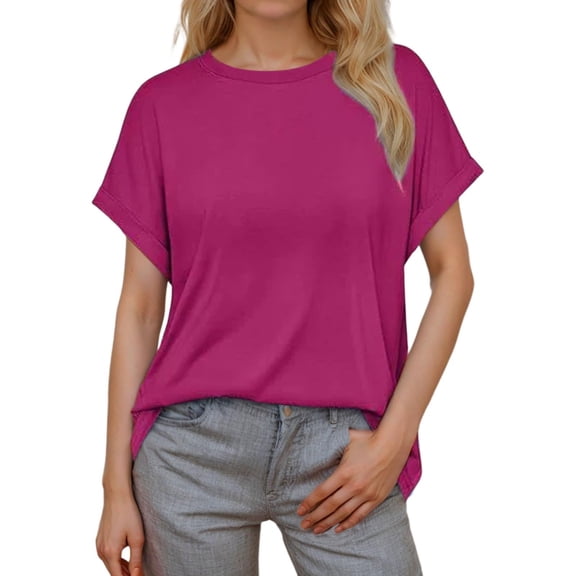 Ediodpoh Women's Europe and The United States Border Spring and Summer Round Neck Casual Solid Color Short Sleeve Loose T Shirt Hot Pink XXL