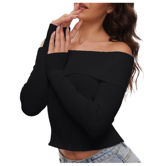 Ediodpoh Women's Fall off Shoulder Sweaters Long Sleeve Ribbed Knit Fitted Pullover Tops Blouse Women Sweaters Black L