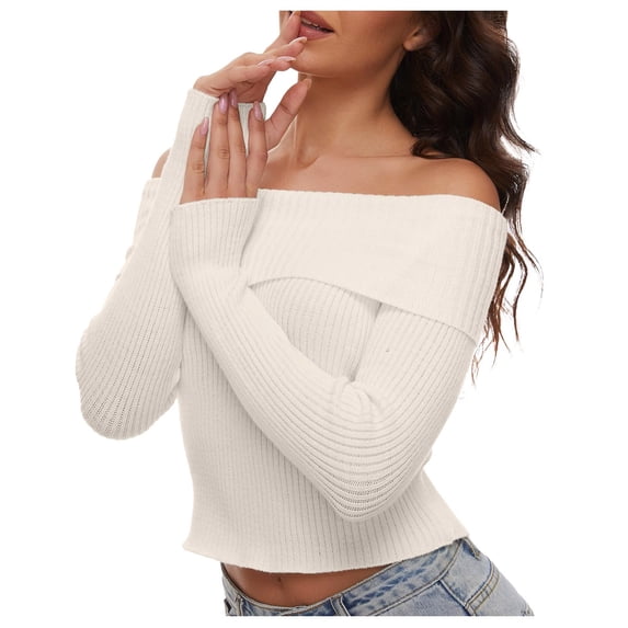 Ediodpoh Women's Fall off Shoulder Sweaters Long Sleeve Ribbed Knit Fitted Pullover Tops Blouse Women Sweaters White S