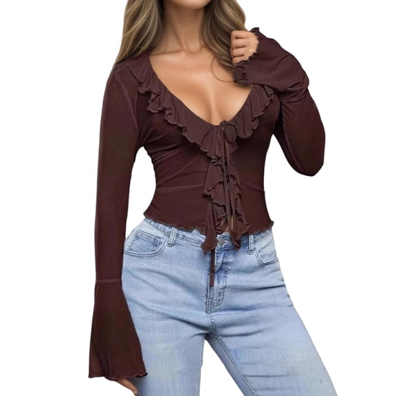 Ediodpoh Women’s Fashion Cardigan Stylish Plunging V Neck Ruffled Trim Long Sleeve Fitted Flare Sleeve Top Womens Cardigan Coffee S