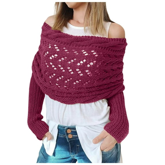 Ediodpoh Women's Fashion Casual Autumn Winter Outdoor Solid Color Wool Hollow Lengthening Double Sleeve Shawl Scarf Scarf with Sleeve Sweater Scarf Winter Scarf for Women Hot Pink One Size