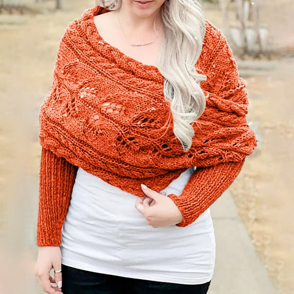 Riforla Women's Fashion Casual Solid Color Crochet Openwork Thick Double Sleeve Shawl Scarf Sweater Wrap for Autumn Winter Outdoor Orange