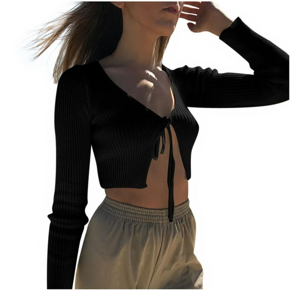 Ediodpoh Women’s Fashion Crop Slim Fit Lace up Solid Color Cardigan Sweater Top Cardigan for Women Black L