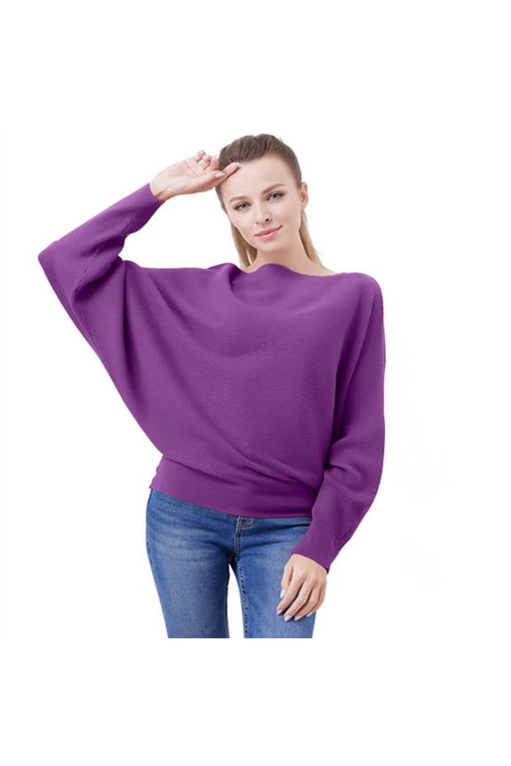 Ediodpoh Women's Fashion One Neck Bat Sleeved Long Sleeve Sweater Pullover Sweaters for Women for Casual and Outfits Purple