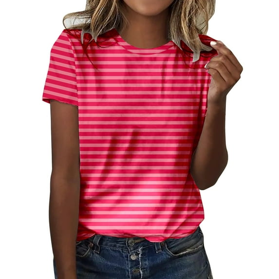 Ediodpoh Women's Fashion Print Casual Point Sleeve Crew Neck T Shirt Top Womens T Shirts Hot Pink M