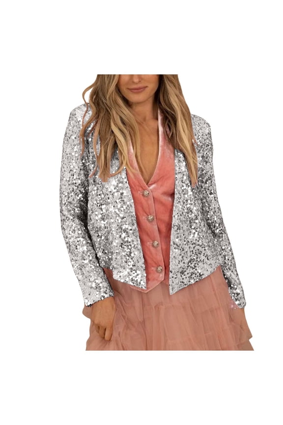 Ediodpoh Women's Fashion Solid Sequined Short Casual Cardigan Coat Top for Stylish Outfits Womens Cardigan Sweaters Silver M