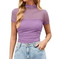 thumbnail image 1 of Ediodpoh Women's Fashion T Shirt Round Neck Mesh Blouse Summer Casual Party Vacation Top with Hollow Out Design Pure Color Tshirts Shirts for Women Purple XXL, 1 of 6