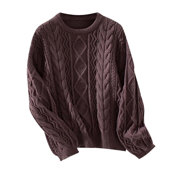 Ediodpoh Women's Fashionable Autumn and Winter Solid Color Round Neck Long Sleeved Casual Pullover Knitted Sweater 7 Knit Tops for Women Coffee XL