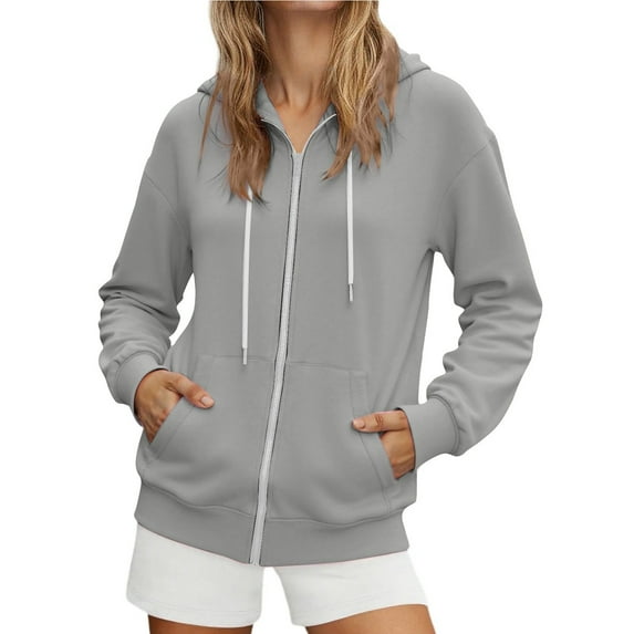 Ediodpoh Women's Fashionable Casual Pocket Zipper Long Sleeved Hooded Solid Color Sweatshirt Hoodies for Women Grey M