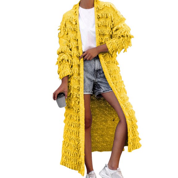 Ediodpoh Women’s Fringe Knitted Sweater Cardigans for Women Winter Tassels Long Open Front Casual Coats Yellow XXL