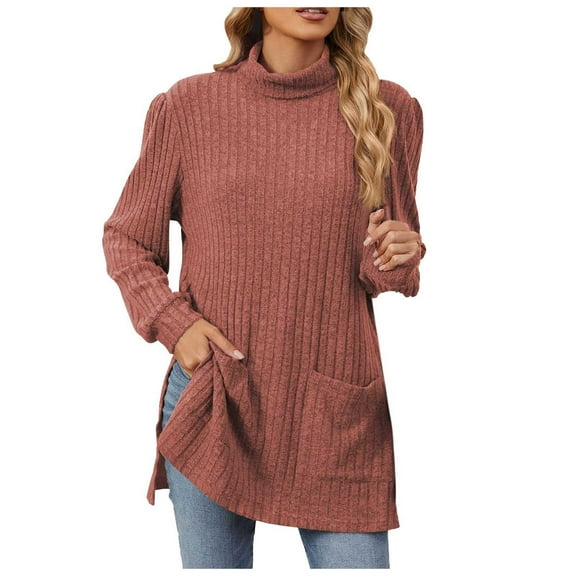 Ediodpoh Women's Half Turtleneck Long Sleeved Loose Split Pocket Sweater Top Womens Sweaters Brown S
