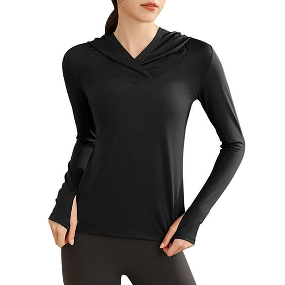 Ediodpoh Women's Hooded Long Sleeve T Shirt Yoga Workout Casual Back Hem Comfortable Stretchy Fitted Top for Daily Wear and Exercise Womens T Shirts Black S