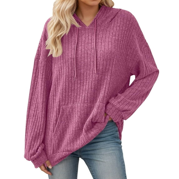 Ediodpoh Women's Hooded Womens Sweatshirt Long Sleeve Ribbed Pullover Casual Loungewear Soft Cozy Comfortable Warm Winter Fall Spring Outerwear Pink S