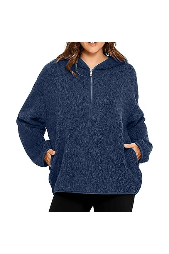 Women's Hoodies Quarter Zip Lamb Wool Hoodie Pullover Sweatshirt with Hood for Winter Warmth Navy XXL