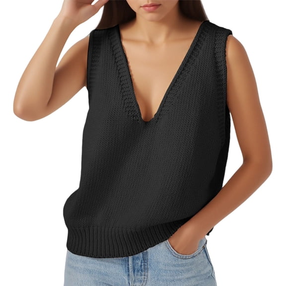Ediodpoh Women's Knit Sweater Vest Casual V Neck Sleeveless Pullover Solid Color Sweater Vest Women for Basic Cardigan Daily Wear Black M