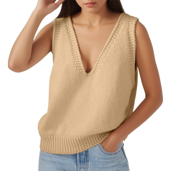 Ediodpoh Women's Knit Sweater Vest Casual V Neck Sleeveless Pullover Solid Color Sweater Vest Women for Basic Cardigan Daily Wear Khaki XXL