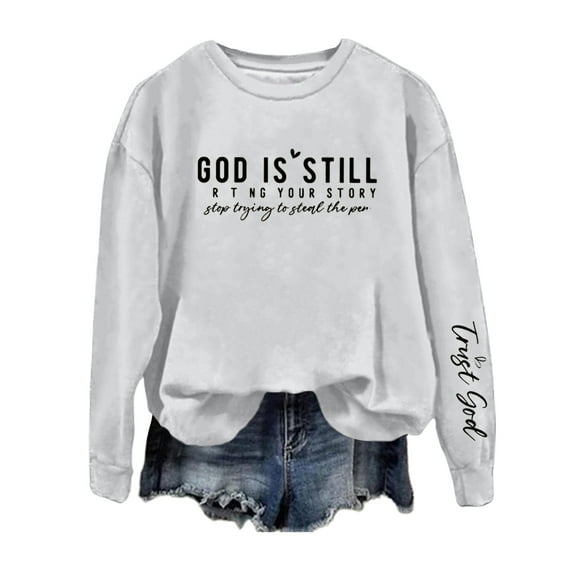 Ediodpoh Women's Letter Print Hoodie Fashion Pullover Sweatshirt for Fall & Winter Womens Sweatshirts Light Gray L