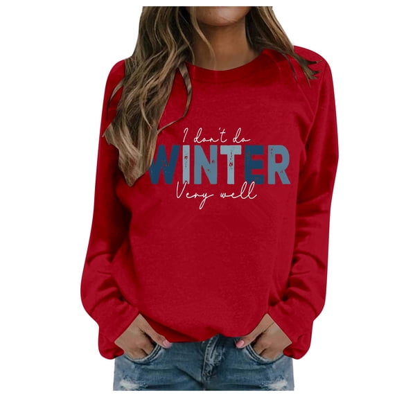 Ediodpoh Women's Letter Print Pullover Hoodies for Women Round Neck Long Sleeve Top for Fall and Winter Red L