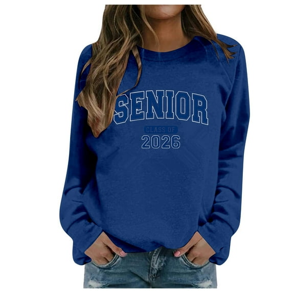Ediodpoh Women's Letter Print Round Neck Pullover Hoodies for Women Long Sleeve Top for Fall & Winter Casual Wear Blue XL