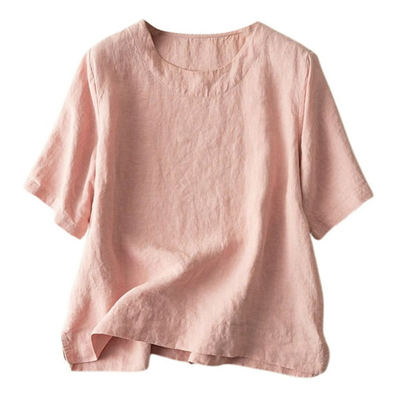 Ediodpoh Women's Literary Retro Temperament Loose Casual Pullover Linen Short Sleeve T Shirt Top Womens Tshirts Pink M