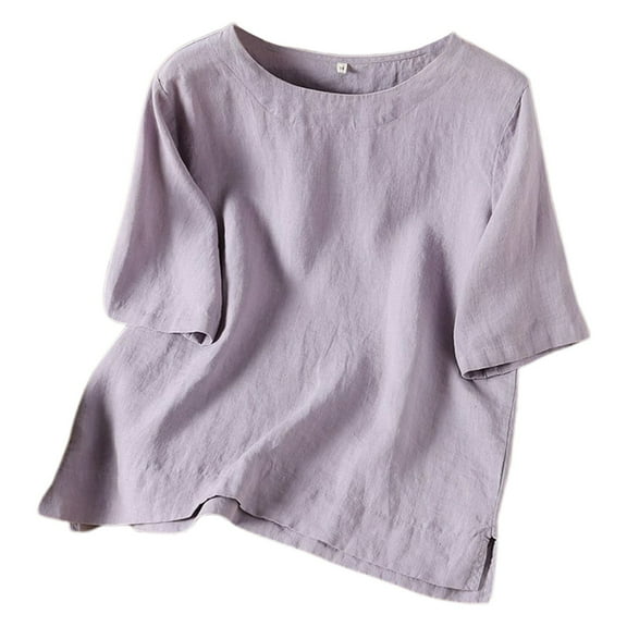 Ediodpoh Women's Literary Retro Temperament Loose Casual Pullover Linen Short Sleeve T Shirt Top Womens Tshirts Purple M
