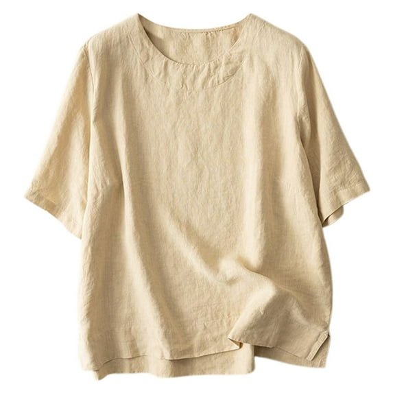 Ediodpoh Women's Literary Retro Temperament Loose Casual Pullover Linen Short Sleeve T Shirt Top Womens Tshirts Yellow XL