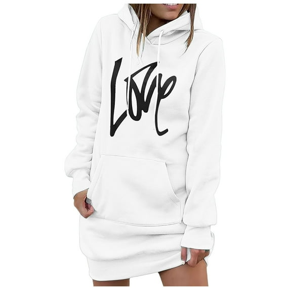Ediodpoh Women's Loose Print Hoodies for Women Mid Length Hoodie Dress Long Sleeve Sweatshirt White XL
