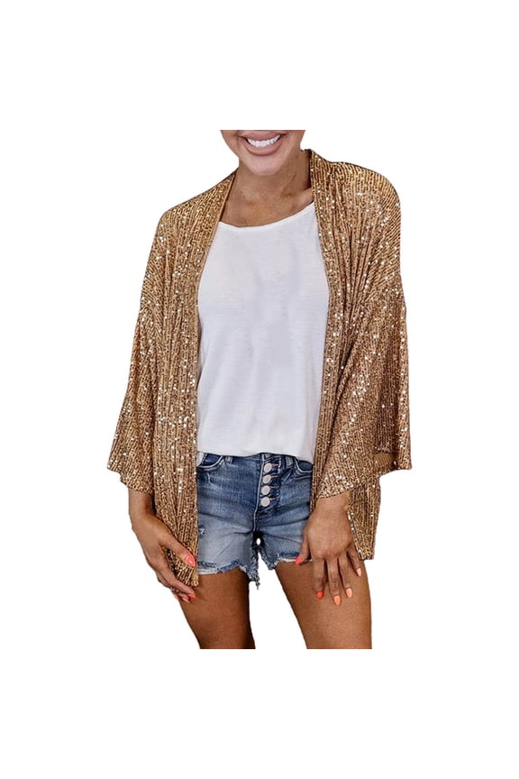 Ediodpoh Women's Loose Sequin Wide Legged Top Solid Color Open Front Cardigan Shiny Cardigan for Women Gold XXXL