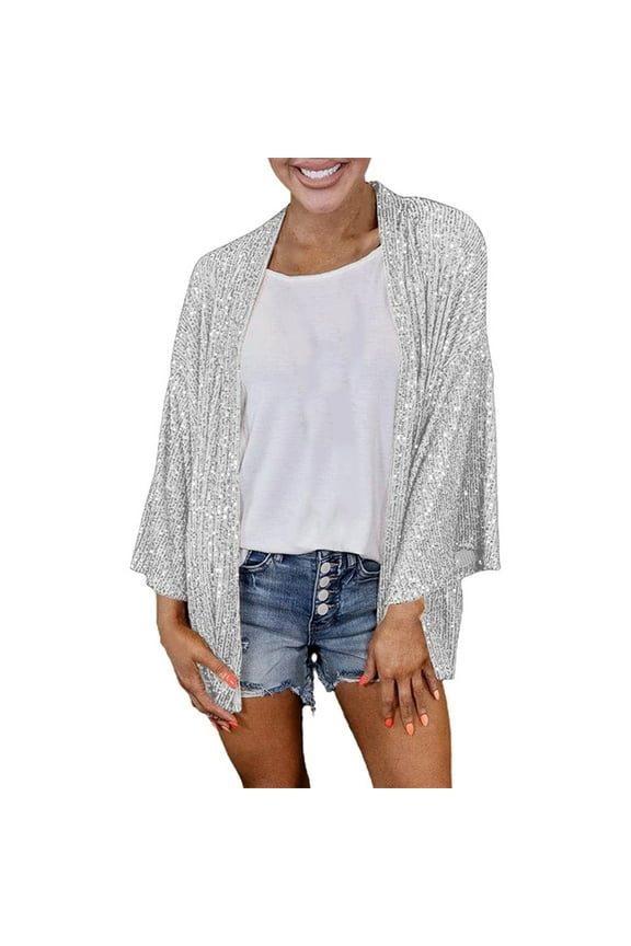 Ediodpoh Women's Loose Sequin Wide Legged Top Solid Color Open Front Cardigan Shiny Cardigan for Women Silver XXL