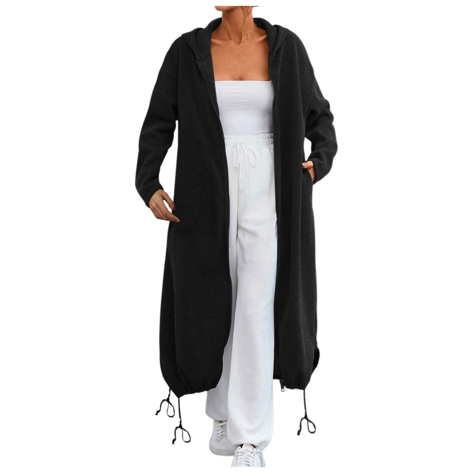 Ediodpoh Women’s Loose Zippered Long Cardigan for Women Sweatshirt Jacket Hooded with Pockets Black L