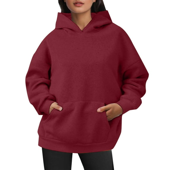 Ediodpoh Women's Oversized Pullover hoodies for women Short Velvet Long Sleeve with Pockets Winter Fall Outfits Solid Color Red S