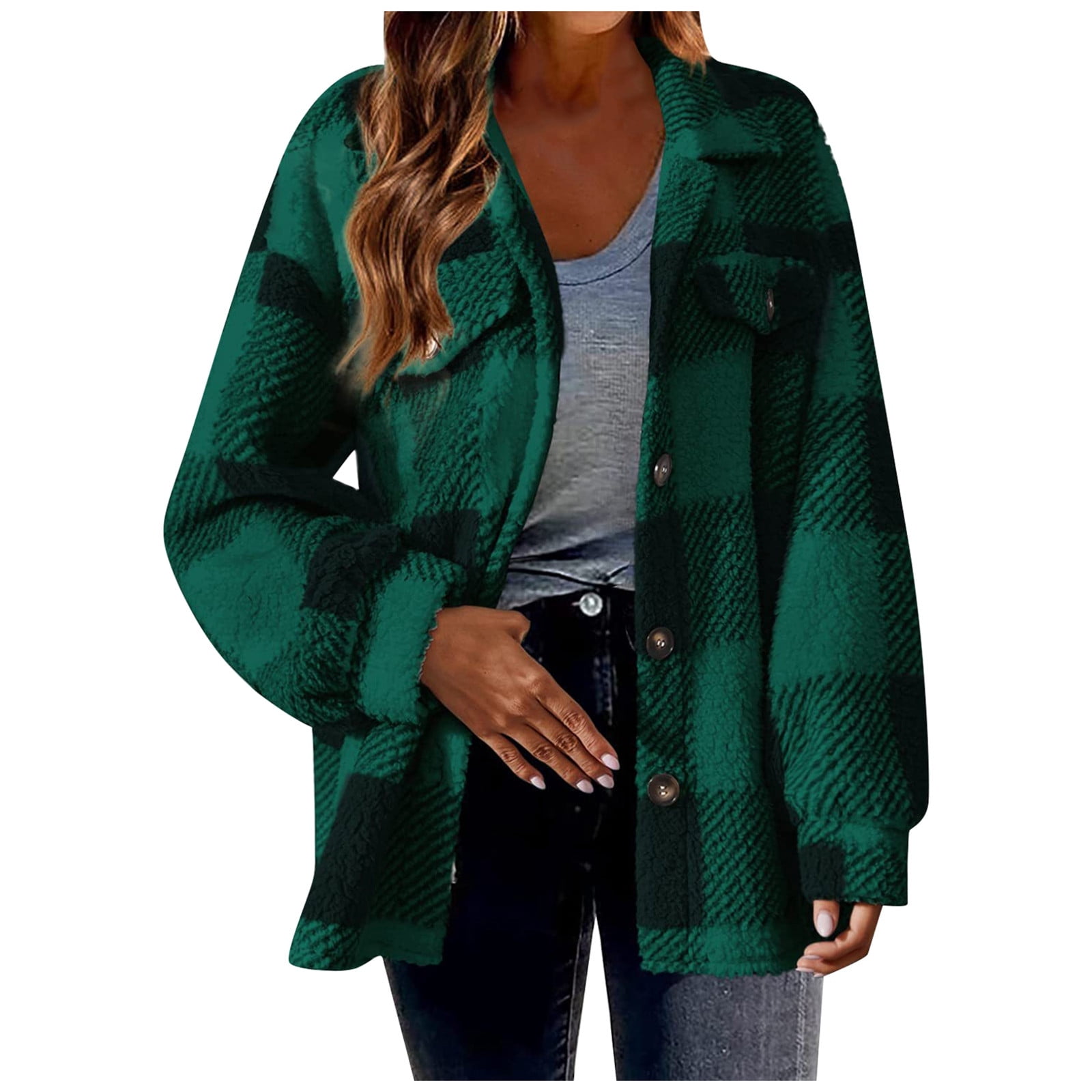 Ediodpoh Women's Plus Size Casual Color Block Plush Feece Jacket Button