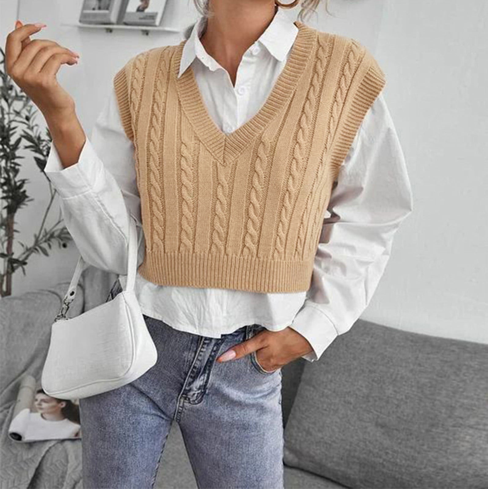 Ediodpoh Women's Preppy Style Knitwear Tank Top Sleeveless V-Neck Vintage Sweater  Vest Pullover Sweater for Women Khaki XXL 